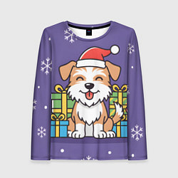 Лонгслив женский Новогодняя собачка с подарками, цвет: 3D-принт