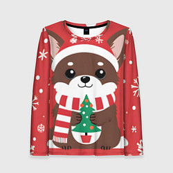 Женский лонгслив Новогодний пес с елочкой