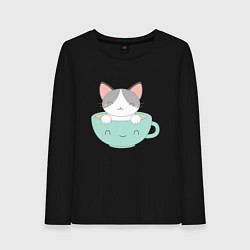Лонгслив хлопковый женский Чайный котик, цвет: черный
