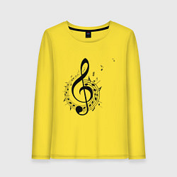 Лонгслив хлопковый женский Скрипичный ключ ноты по кругу, цвет: желтый