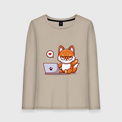 Лонгслив хлопковый женский Cute fox and laptop, цвет: миндальный