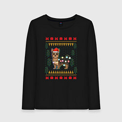 Лонгслив хлопковый женский Рождественский свитер Йоркшик, цвет: черный