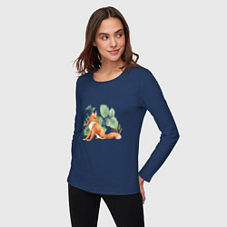 Лонгслив хлопковый женский Лисичка и лопухи, цвет: тёмно-синий — фото 2