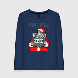 Лонгслив хлопковый женский Merry Christmas: Санта с синяком, цвет: тёмно-синий