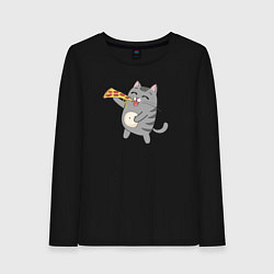 Лонгслив хлопковый женский Кот с кусочком пиццы, цвет: черный