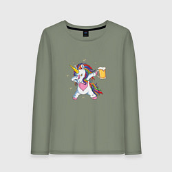 Лонгслив хлопковый женский Единорог с пивасом, цвет: авокадо
