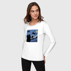 Лонгслив хлопковый женский Звездная Ночь Ван Гога с Котиками, цвет: белый — фото 2