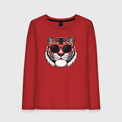Лонгслив хлопковый женский Модный тигр в очках, цвет: красный