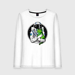 Лонгслив хлопковый женский Космонавт с инопланетным котом, цвет: белый
