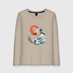 Лонгслив хлопковый женский Душа природы Японии - Бушующее море, цвет: миндальный