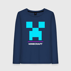 Лонгслив хлопковый женский Символ Minecraft в неоновых цветах, цвет: тёмно-синий