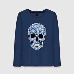 Лонгслив хлопковый женский Skull gzhel, цвет: тёмно-синий