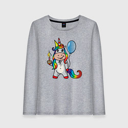 Лонгслив хлопковый женский Праздничный единорог с тортиком, цвет: меланж