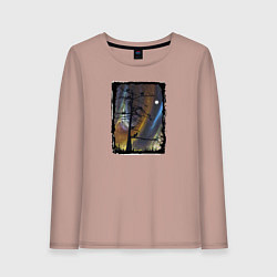 Лонгслив хлопковый женский Кошки на дереве и северное сияние, цвет: пыльно-розовый