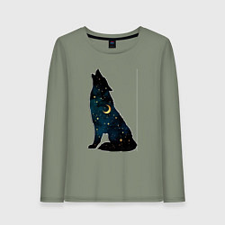 Лонгслив хлопковый женский Wolf howling at night, цвет: авокадо