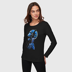 Лонгслив хлопковый женский Скелет в наушниках - меломан, цвет: черный — фото 2