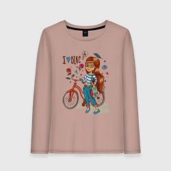 Лонгслив хлопковый женский Девушка с велосипедом, цвет: пыльно-розовый