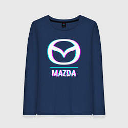 Лонгслив хлопковый женский Значок Mazda в стиле glitch, цвет: тёмно-синий