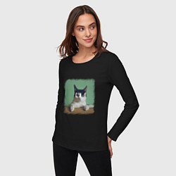 Лонгслив хлопковый женский Мем - голодный кот, цвет: черный — фото 2