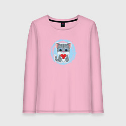 Лонгслив хлопковый женский Мультяшный котёнок с сердцем, цвет: светло-розовый