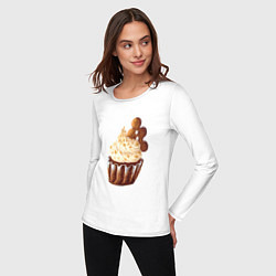 Лонгслив хлопковый женский Новогодний капкейк с имбирным человечком, цвет: белый — фото 2
