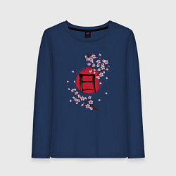 Лонгслив хлопковый женский Цветущая сакура и красный круг с японским иероглиф, цвет: тёмно-синий