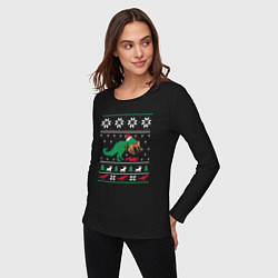 Лонгслив хлопковый женский Новогодний тирекс - ugly sweater, цвет: черный — фото 2