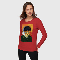 Лонгслив хлопковый женский Кот Ван Гога портрет с отрезанным ухом - пародия, цвет: красный — фото 2