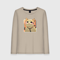 Лонгслив хлопковый женский Cat smiling meme art, цвет: миндальный