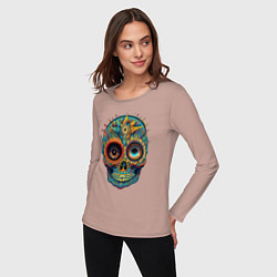 Лонгслив хлопковый женский Mexican skull, цвет: пыльно-розовый — фото 2