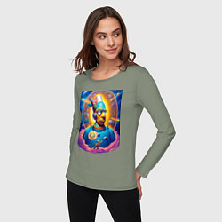 Лонгслив хлопковый женский Гомер Симпсон - космический портрет - нейросеть, цвет: авокадо — фото 2