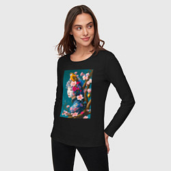 Лонгслив хлопковый женский Девушка с птицей на фоне цветущей сакуры, цвет: черный — фото 2