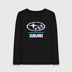 Лонгслив хлопковый женский Значок Subaru в стиле glitch, цвет: черный
