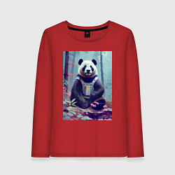 Лонгслив хлопковый женский Панда в кибер-жилете - нейросеть, цвет: красный