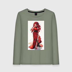 Лонгслив хлопковый женский Рыжая девушка в красном платье, цвет: авокадо