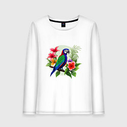 Лонгслив хлопковый женский Попугай среди цветов, цвет: белый