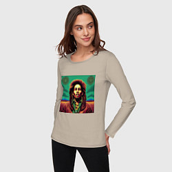Лонгслив хлопковый женский Digital Art Bob Marley in the field, цвет: миндальный — фото 2