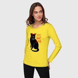 Лонгслив хлопковый женский Котик с рожками и надписью, цвет: желтый — фото 2