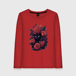 Лонгслив хлопковый женский Черный кот в цветах, цвет: красный