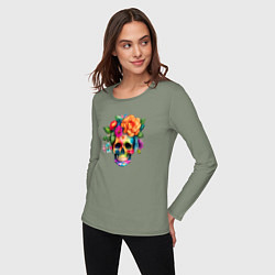 Лонгслив хлопковый женский Череп с цветами в мексиканском стиле, цвет: авокадо — фото 2
