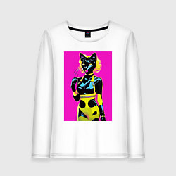 Лонгслив хлопковый женский Black cat - fashionista - pop art - neural network, цвет: белый