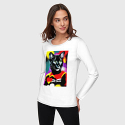 Лонгслив хлопковый женский Черная кошка с сердцем: поп-арт - нейросеть, цвет: белый — фото 2