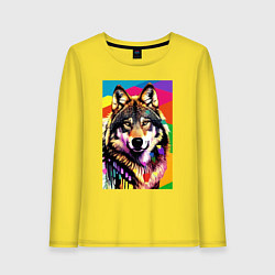 Лонгслив хлопковый женский Красочный волк - поп-арт - нейросеть, цвет: желтый