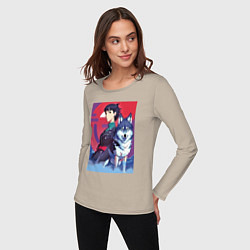 Лонгслив хлопковый женский Девочка со своим другом волком - аниме, цвет: миндальный — фото 2