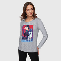 Лонгслив хлопковый женский Девочка со своим другом волком - аниме, цвет: меланж — фото 2