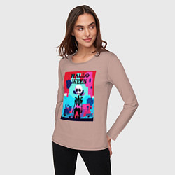 Лонгслив хлопковый женский Funny skeleton - pop art - pixels halloween, цвет: пыльно-розовый — фото 2