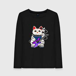 Лонгслив хлопковый женский Рок кот нэко с микрофоном и гитарой, цвет: черный
