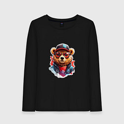 Лонгслив хлопковый женский Модный медведь в кепке и в очках, цвет: черный