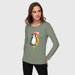 Лонгслив хлопковый женский Красочный пингвин, цвет: авокадо — фото 2
