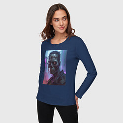 Лонгслив хлопковый женский Зомби скелет в стиле киберпанк, цвет: тёмно-синий — фото 2